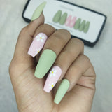 The NailzStation Matte Light Green Floral Press on Fake Artificial Nails Set with glue, filer, sticker application kit // 1158