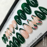 The NailzStation Glossy Green Christmas Floral Press on Fake Artificial Nails Set with glue, filer, sticker application kit // 1164