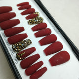 The NailzStation Matte Maroon Studded Press on Fake Artificial Nails Set with glue, filer, sticker application kit // 1181