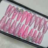 The NailzStation Glossy Light Pink Glitter Studded Press on Fake Artificial Nails Set with glue, filer, sticker application kit // 1182