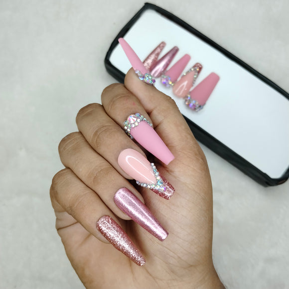 The NailzStation Glossy Light Pink Chrome Studded Press on Fake Artificial Nails Set with glue, filer, sticker application kit // 1183