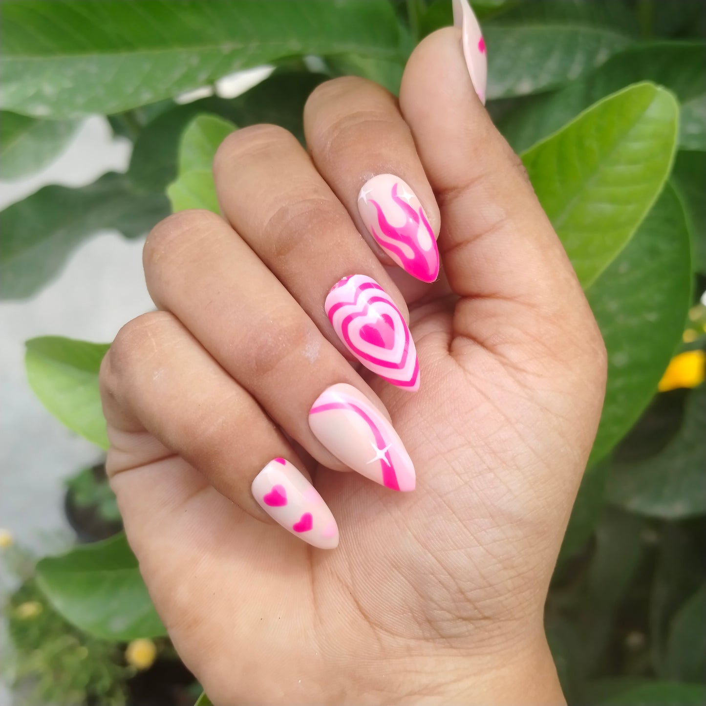 The NailzStation Glossy Light Pink Hearts Press on Fake Artificial Nails Set with glue, filer, sticker application kit // 1212