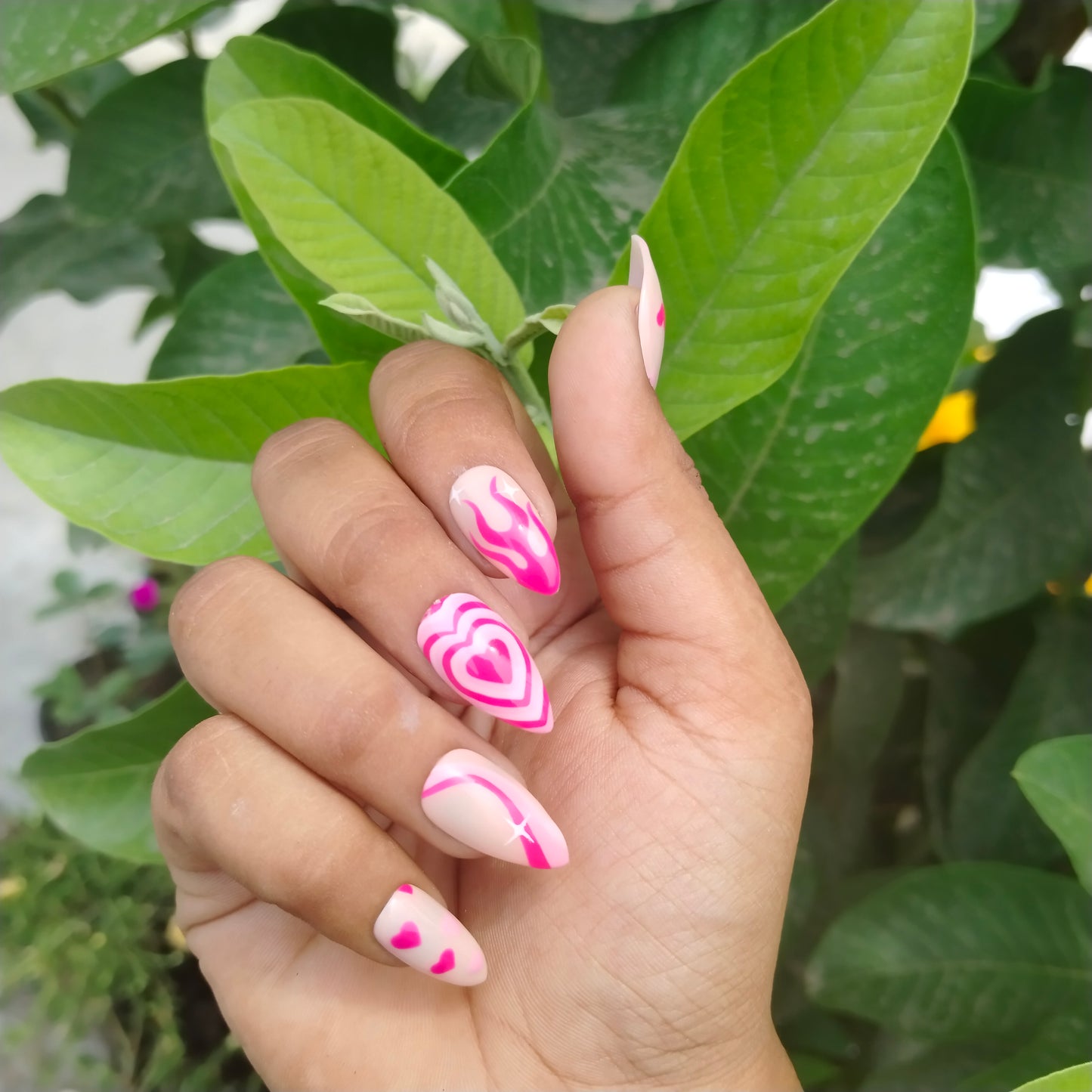 The NailzStation Glossy Light Pink Hearts Press on Fake Artificial Nails Set with glue, filer, sticker application kit // 1212