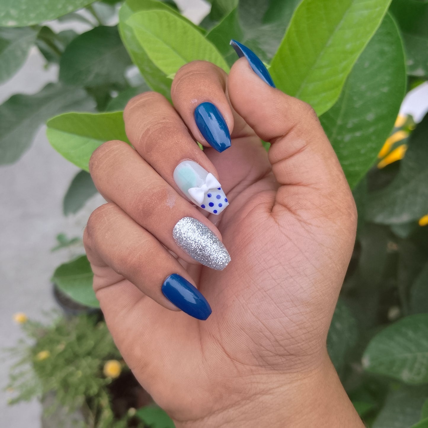 The NailzStation Glossy Blue 3D Bow Press on Fake Artificial Nails Set with glue, filer, sticker application kit // 1213