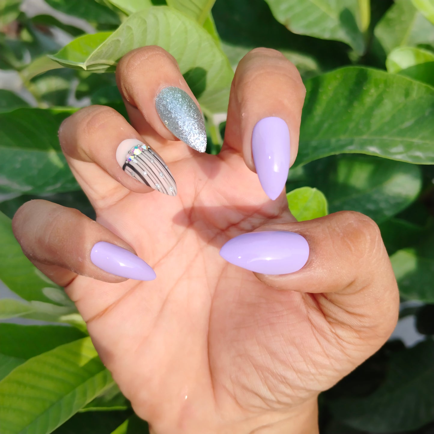 The NailzStation Glossy Lilac Studded Press on Fake Artificial Nails Set with glue, filer, sticker application kit // 1216