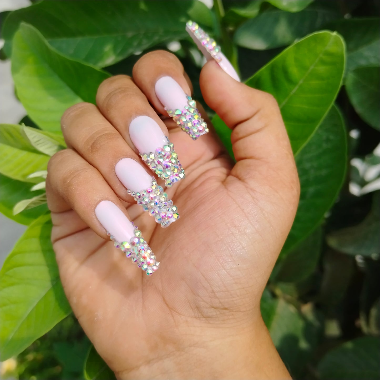 The NailzStation Glossy French Studded Press on Fake Artificial Nails Set with glue, filer, sticker application kit // 1219