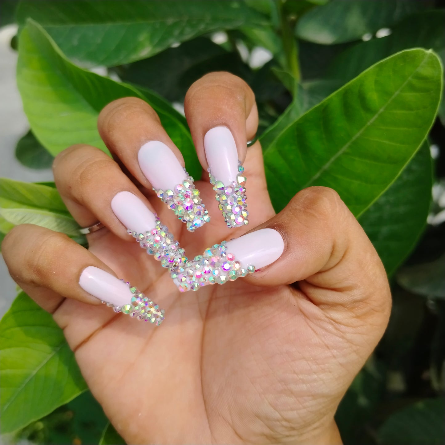 The NailzStation Glossy French Studded Press on Fake Artificial Nails Set with glue, filer, sticker application kit // 1219