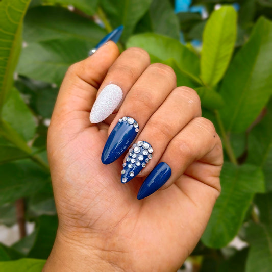 The NailzStation Glossy Blue Studded Press on Fake Artificial Nails Set with glue, filer, sticker application kit // 1224