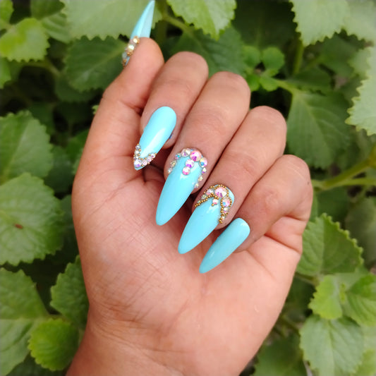 The NailzStation Glossy Light Blue Studded Press on Fake Artificial Nails Set with glue, filer, sticker application kit // 1226