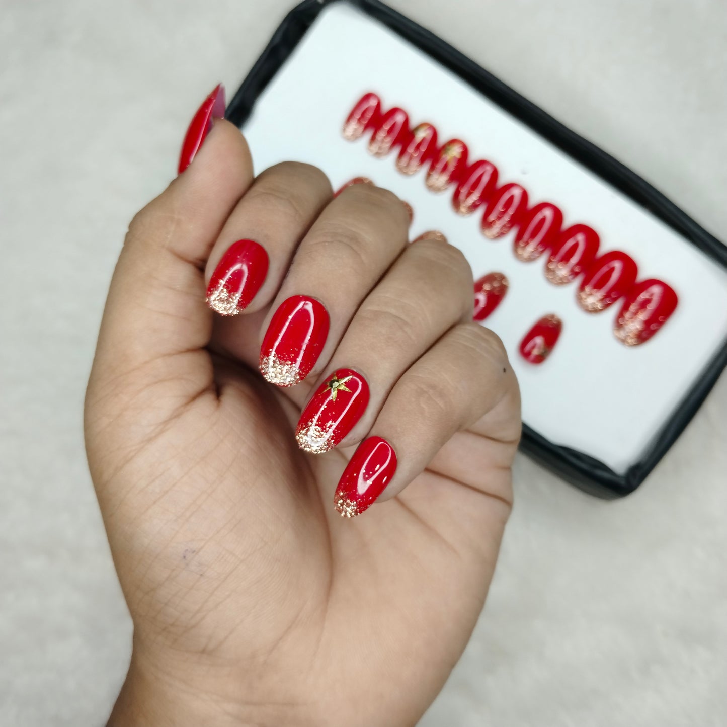 The NailzStation Glossy Red Glitter Ombre Press on Fake Artificial Nails Set with glue, filer, sticker application kit // 1228