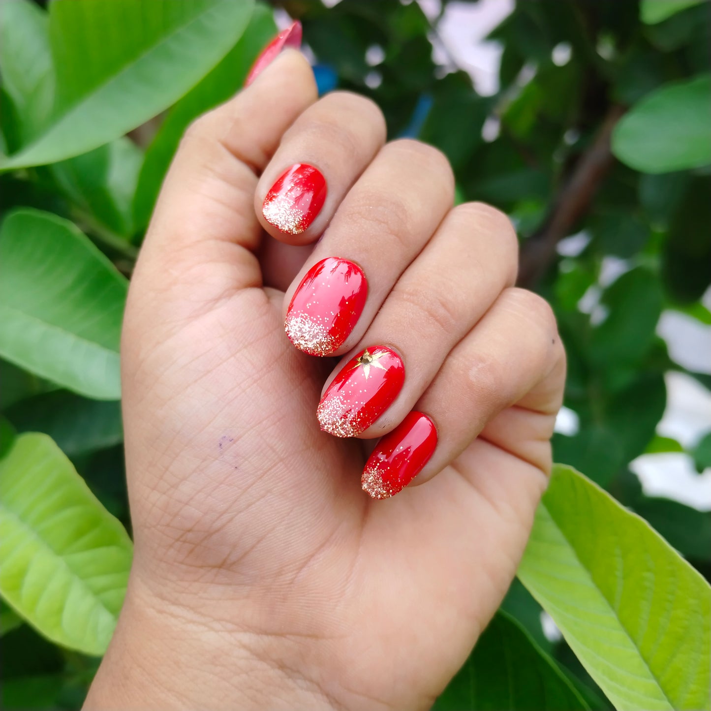 The NailzStation Glossy Red Glitter Ombre Press on Fake Artificial Nails Set with glue, filer, sticker application kit // 1228