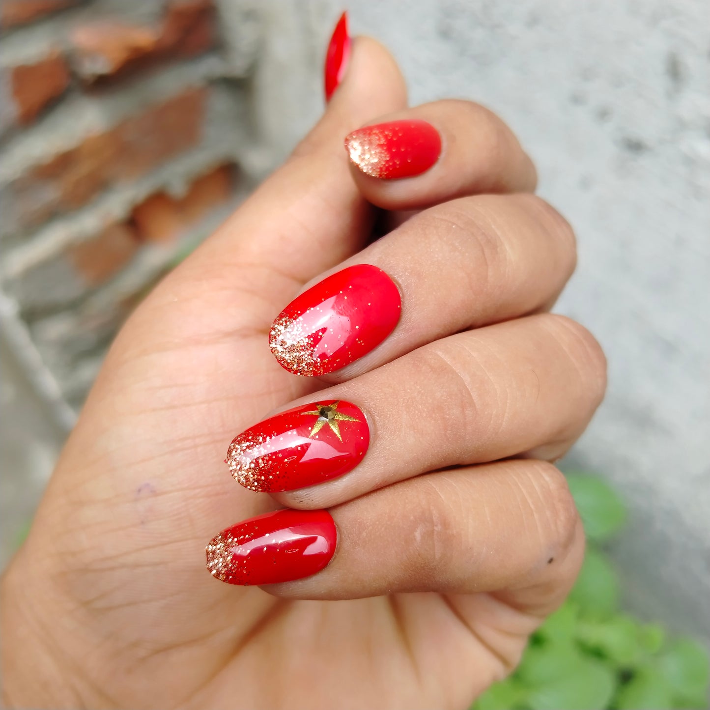 The NailzStation Glossy Red Glitter Ombre Press on Fake Artificial Nails Set with glue, filer, sticker application kit // 1228