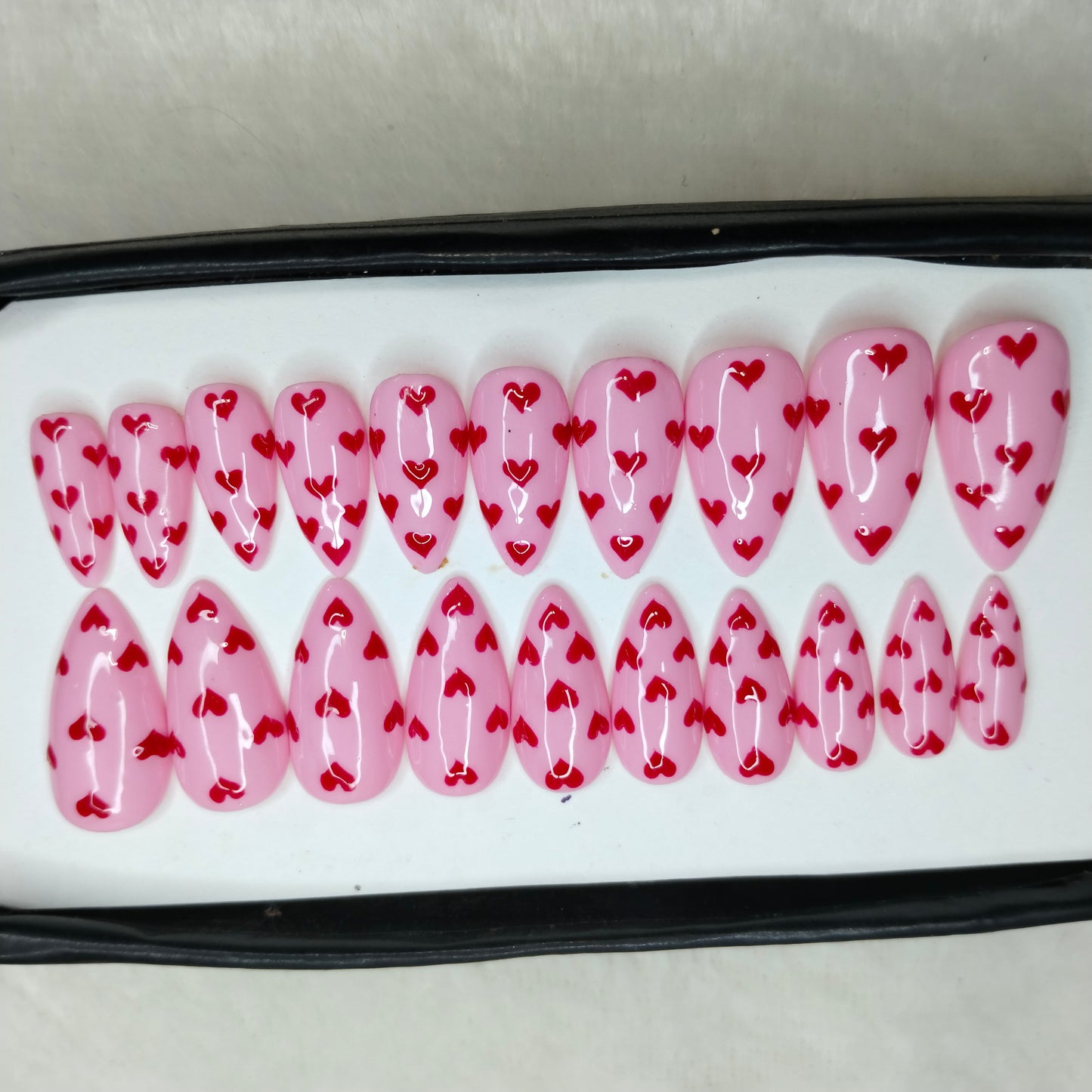 The NailzStation Glossy Red Hearts Press on Fake Artificial Nails Set with glue, filer, sticker application kit // 1229