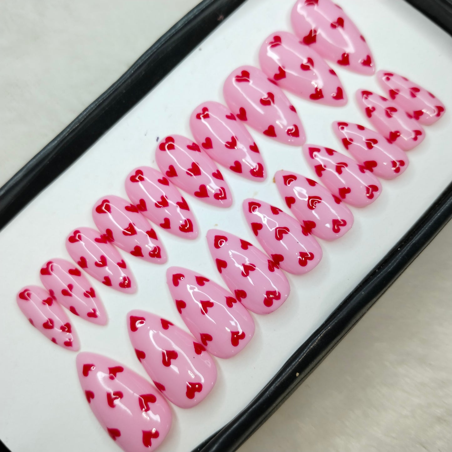 The NailzStation Glossy Red Hearts Press on Fake Artificial Nails Set with glue, filer, sticker application kit // 1229