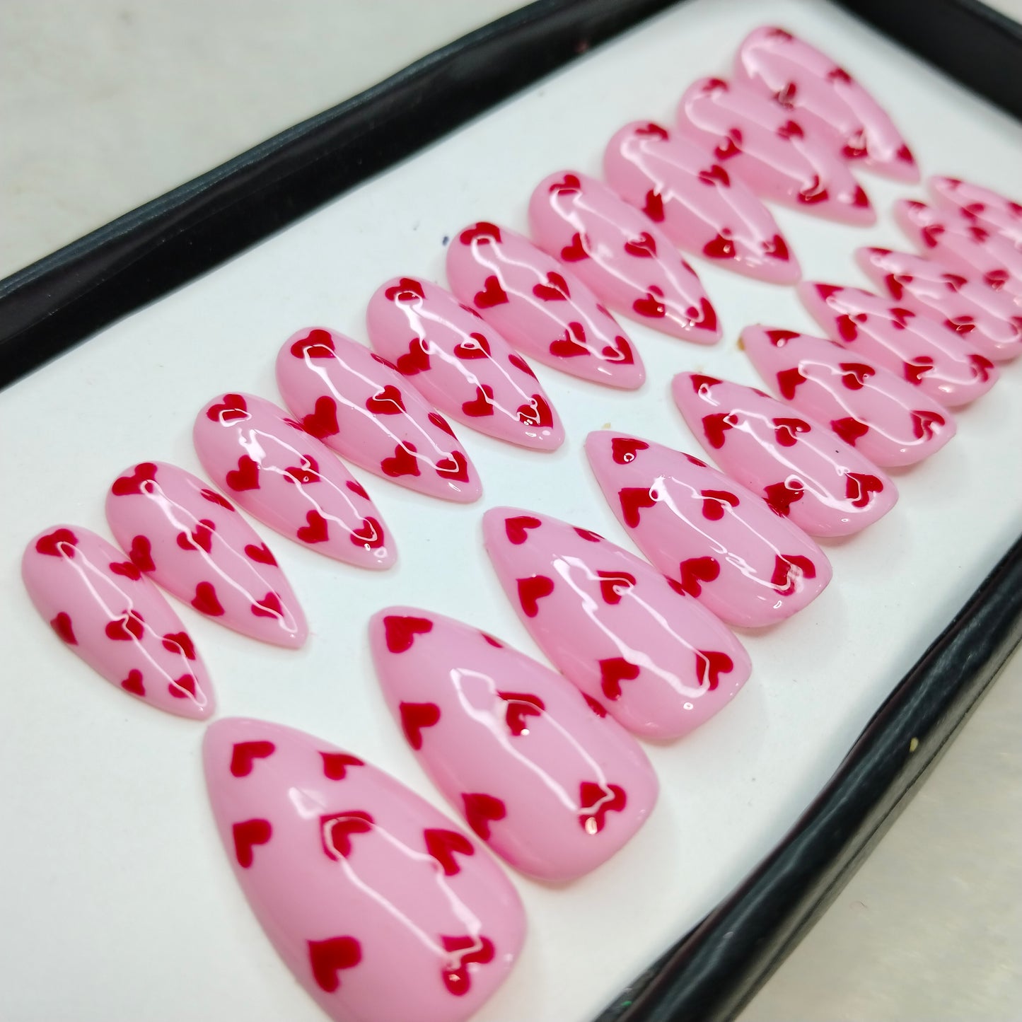 The NailzStation Glossy Red Hearts Press on Fake Artificial Nails Set with glue, filer, sticker application kit // 1229