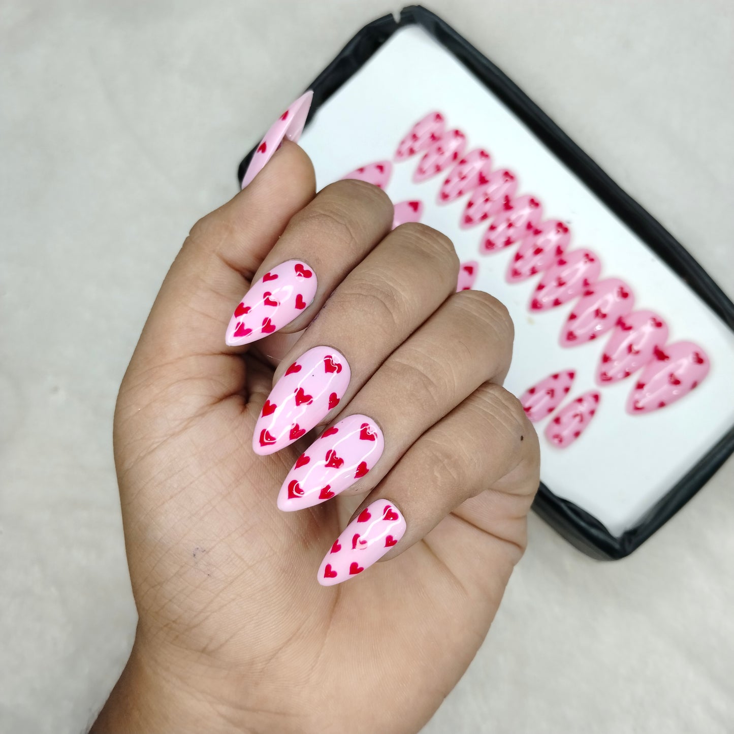 The NailzStation Glossy Red Hearts Press on Fake Artificial Nails Set with glue, filer, sticker application kit // 1229