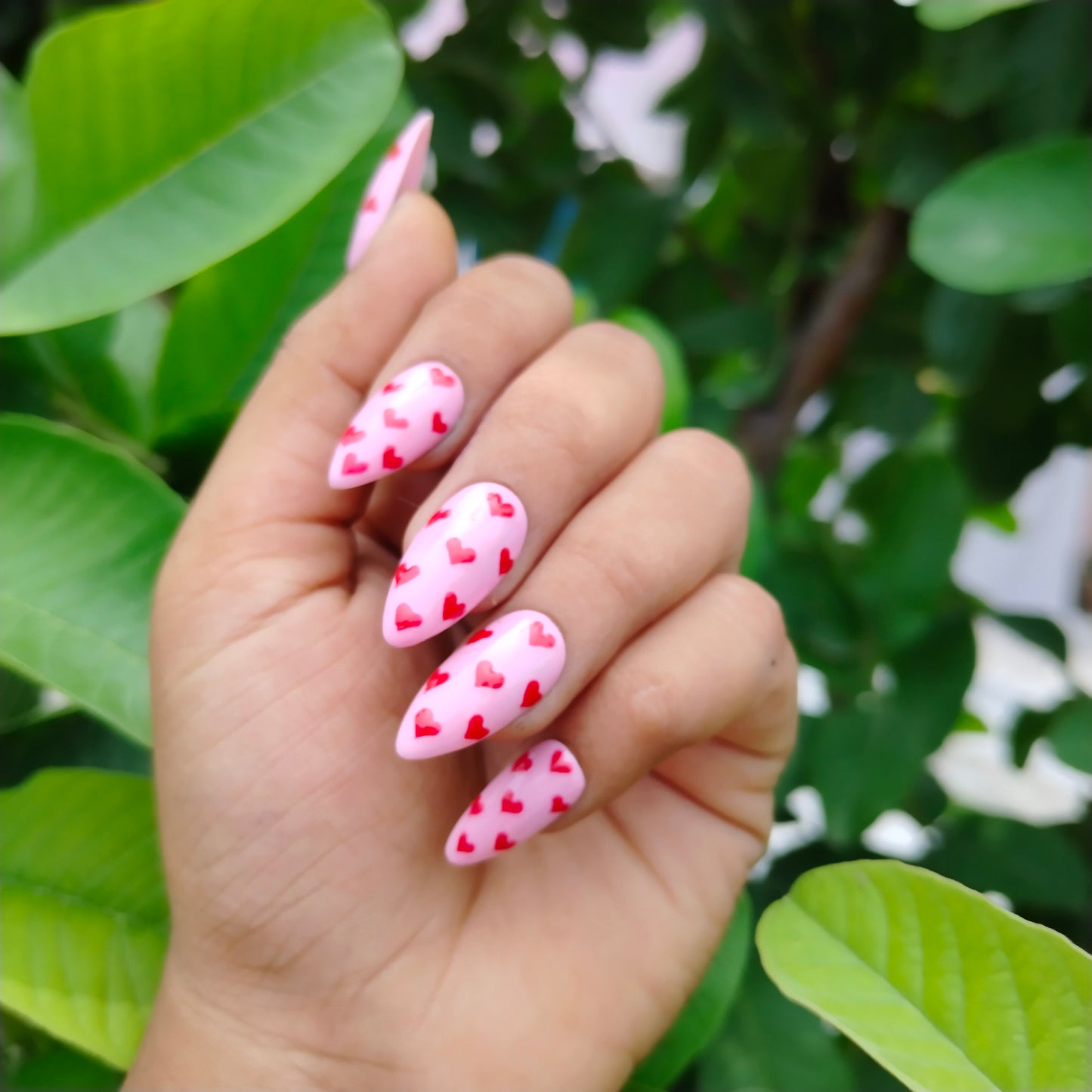 The NailzStation Glossy Red Hearts Press on Fake Artificial Nails Set with glue, filer, sticker application kit // 1229