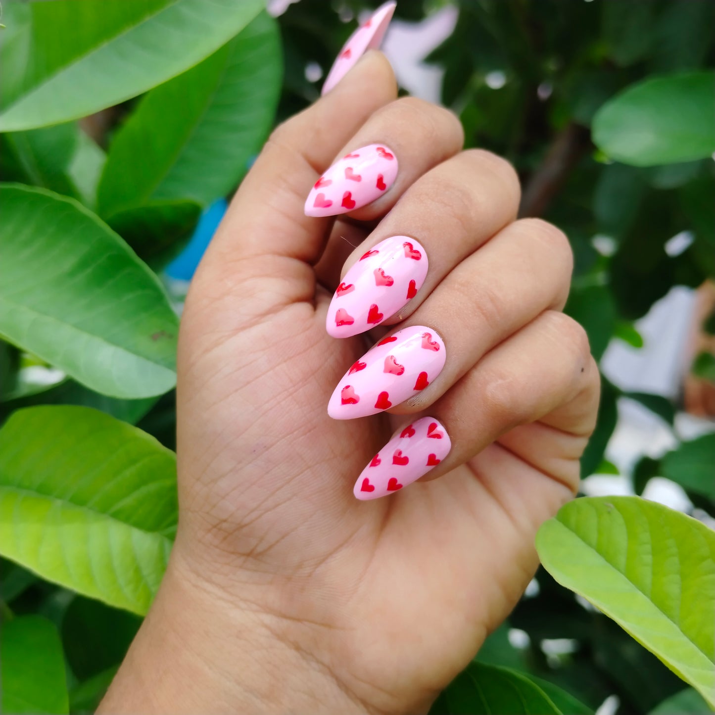 The NailzStation Glossy Red Hearts Press on Fake Artificial Nails Set with glue, filer, sticker application kit // 1229