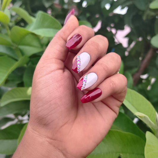 The NailzStation Glossy Maroon Studded French Press on Fake Artificial Nails Set with glue, filer, sticker application kit // 1273