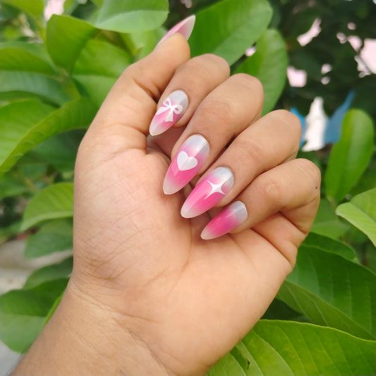 The NailzStation Glossy Pink Bow Press on Fake Artificial Nails Set with glue, filer, sticker application kit // 1272