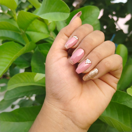 The NailzStation Glossy Rose Studded Press on Fake Artificial Nails Set with glue, filer, sticker application kit // 1271