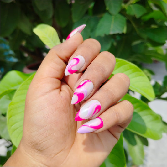 The NailzStation Glossy Pink Swirls Press on Fake Artificial Nails Set with glue, filer, sticker application kit // 1269