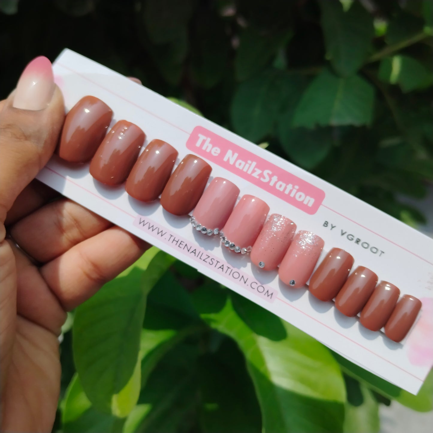 The NailzStation Glossy Nude Studded Press on Fake Artificial Nails Set with glue, filer, sticker application kit // 1248