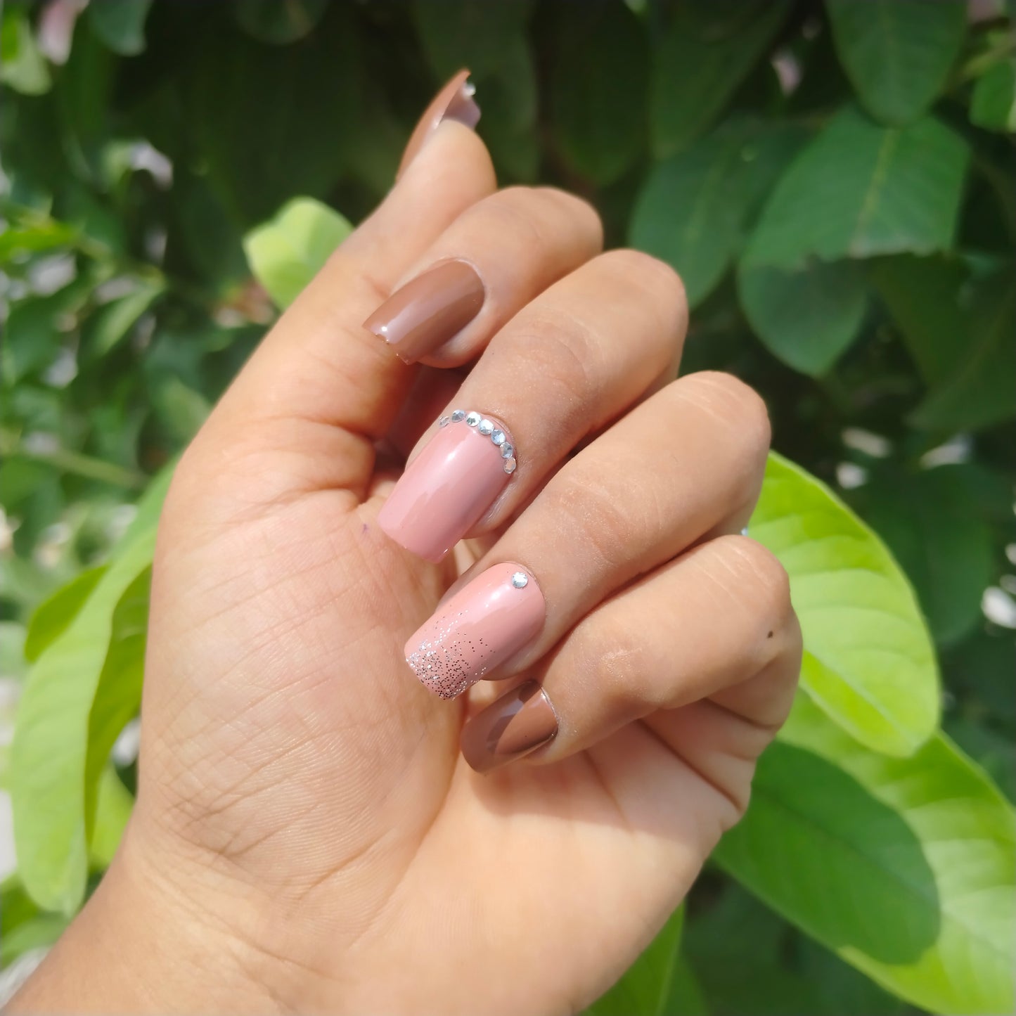 The NailzStation Glossy Nude Studded Press on Fake Artificial Nails Set with glue, filer, sticker application kit // 1248