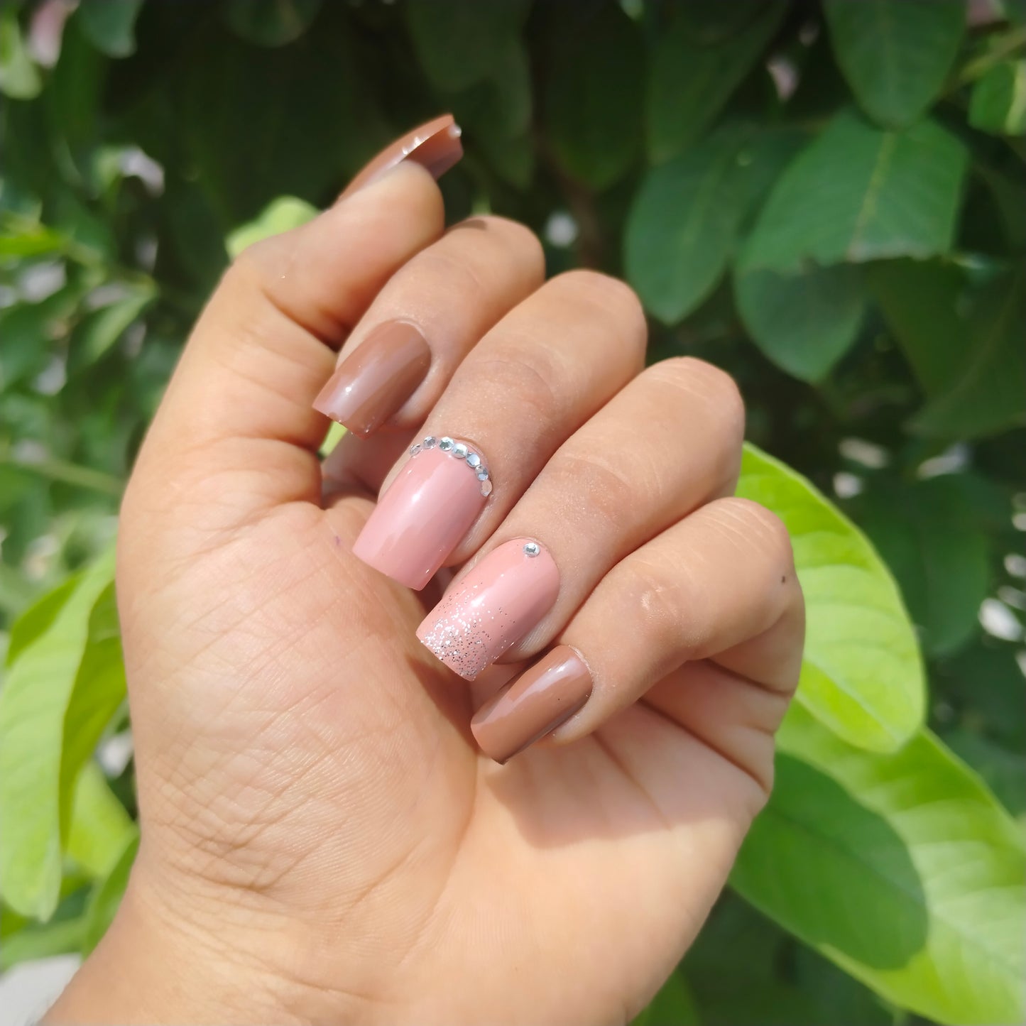 The NailzStation Glossy Nude Studded Press on Fake Artificial Nails Set with glue, filer, sticker application kit // 1248