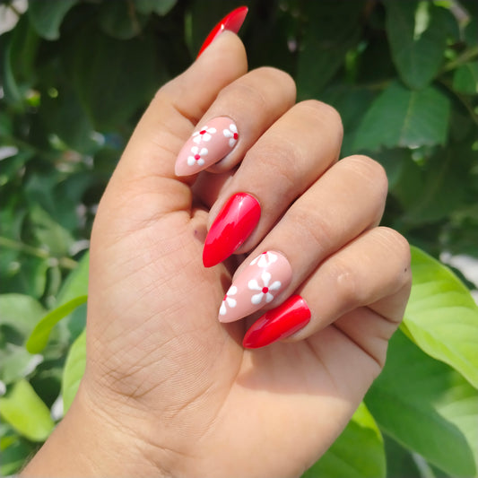 The NailzStation Glossy Red Floral Press on Fake Artificial Nails Set with glue, filer, sticker application kit // 1247