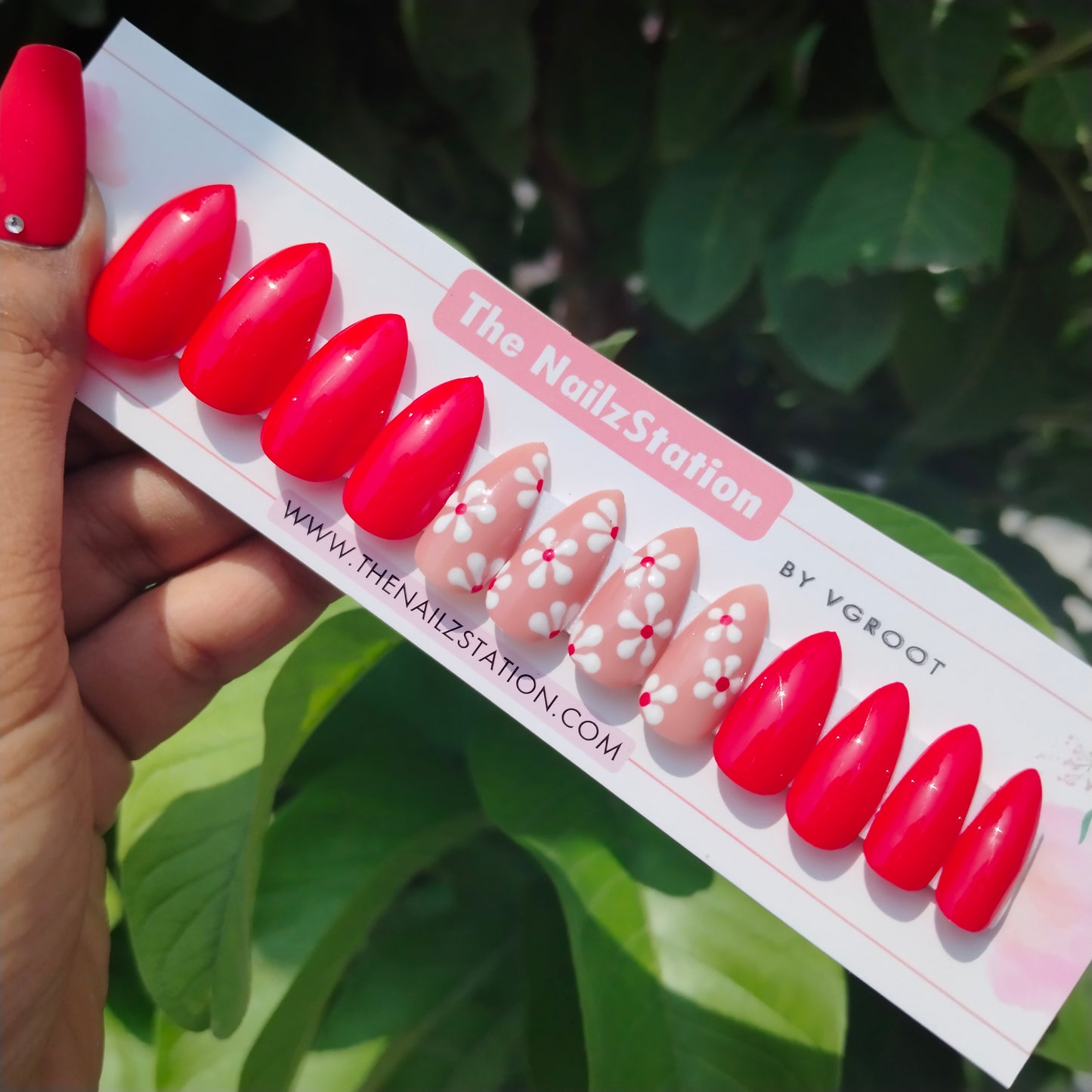 The NailzStation Glossy Red Floral Press on Fake Artificial Nails Set with glue, filer, sticker application kit // 1247