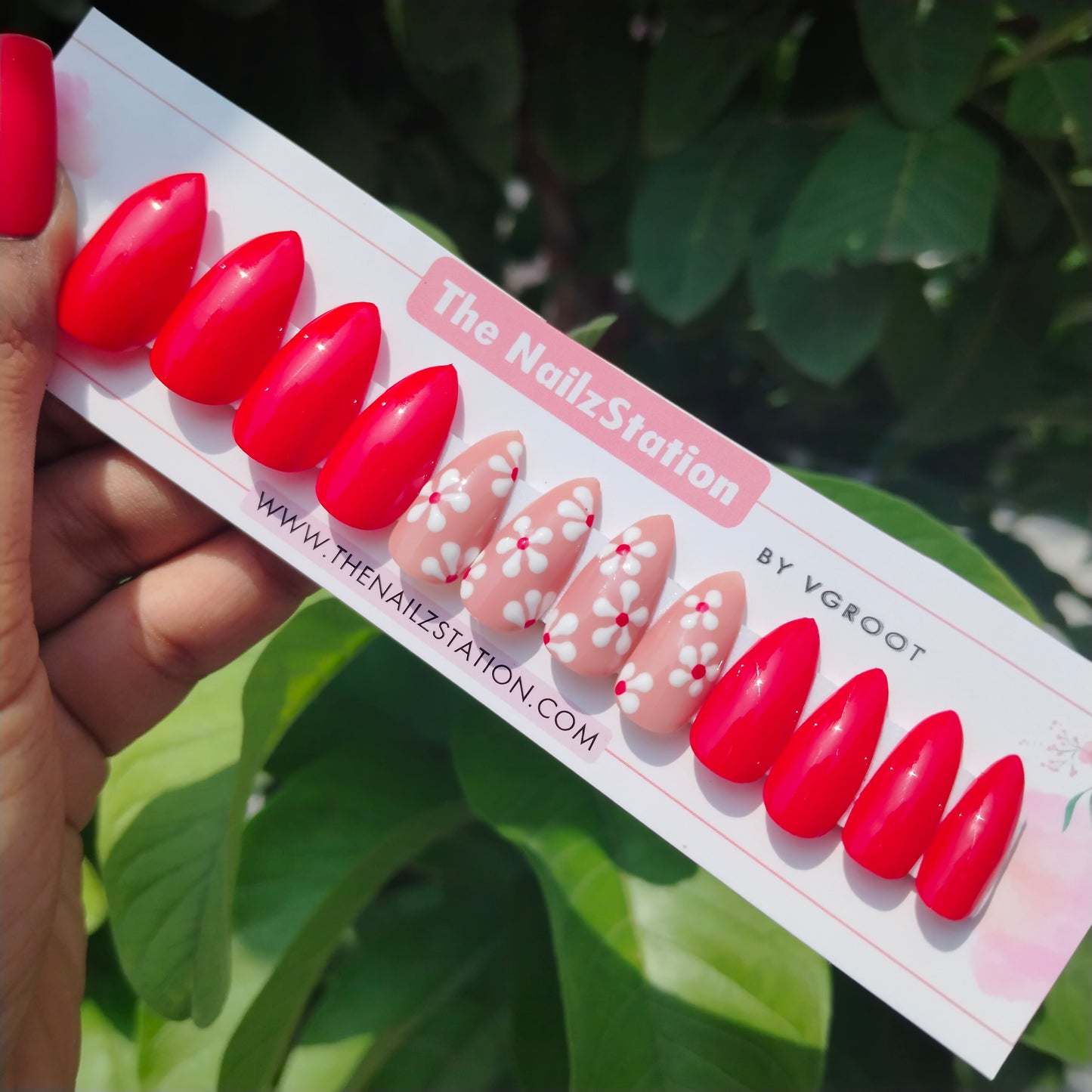 The NailzStation Glossy Red Floral Press on Fake Artificial Nails Set with glue, filer, sticker application kit // 1247