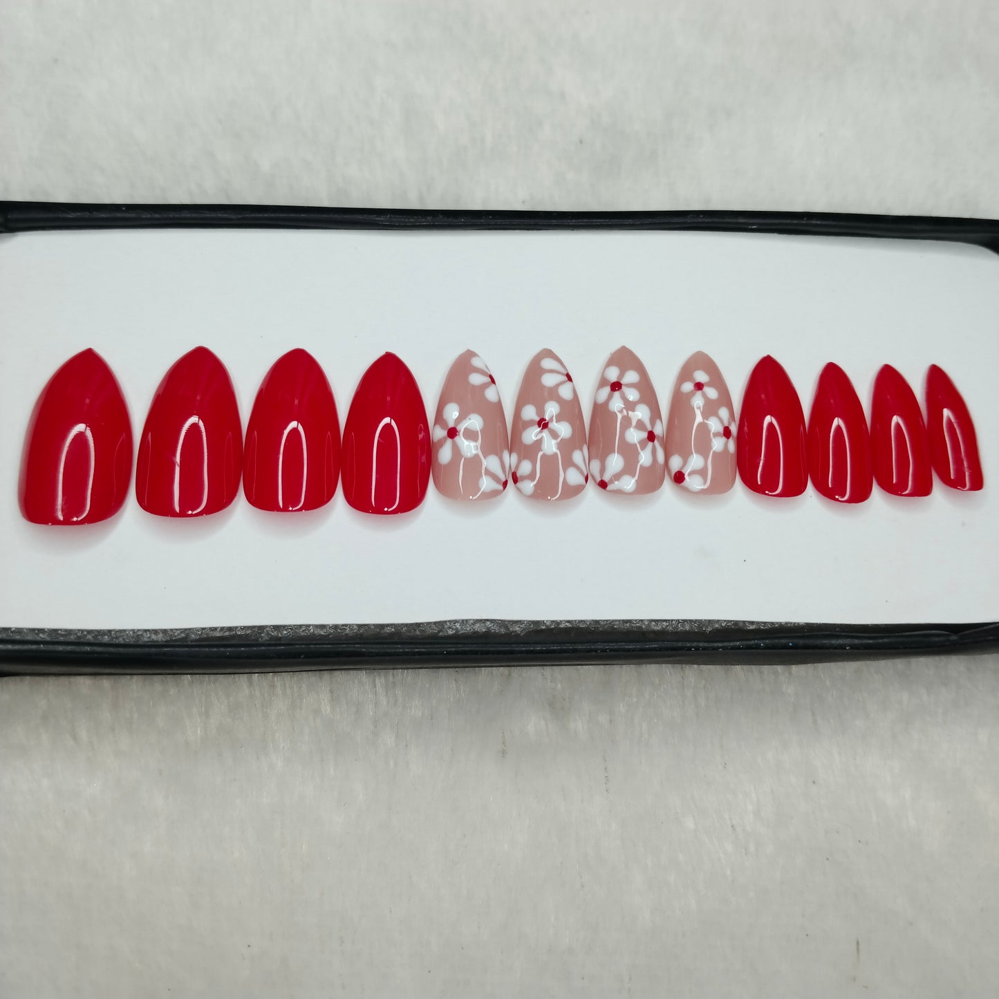 The NailzStation Glossy Red Floral Press on Fake Artificial Nails Set with glue, filer, sticker application kit // 1231