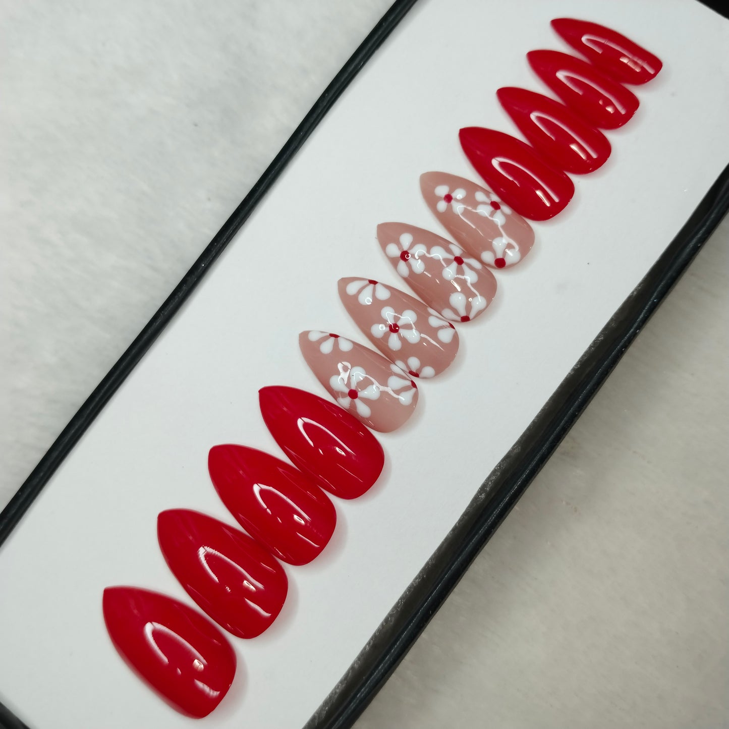 The NailzStation Glossy Red Floral Press on Fake Artificial Nails Set with glue, filer, sticker application kit // 1231