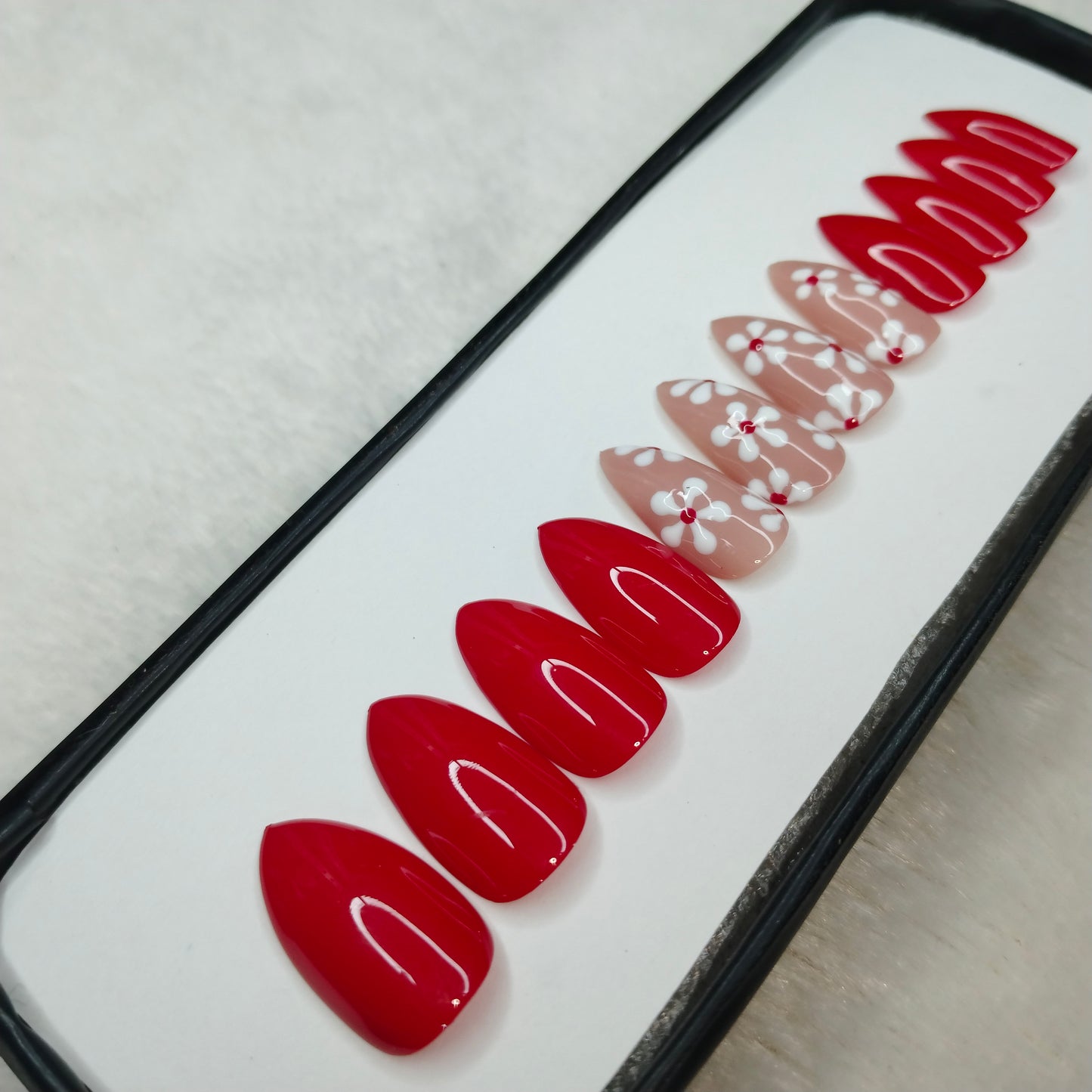 The NailzStation Glossy Red Floral Press on Fake Artificial Nails Set with glue, filer, sticker application kit // 1231