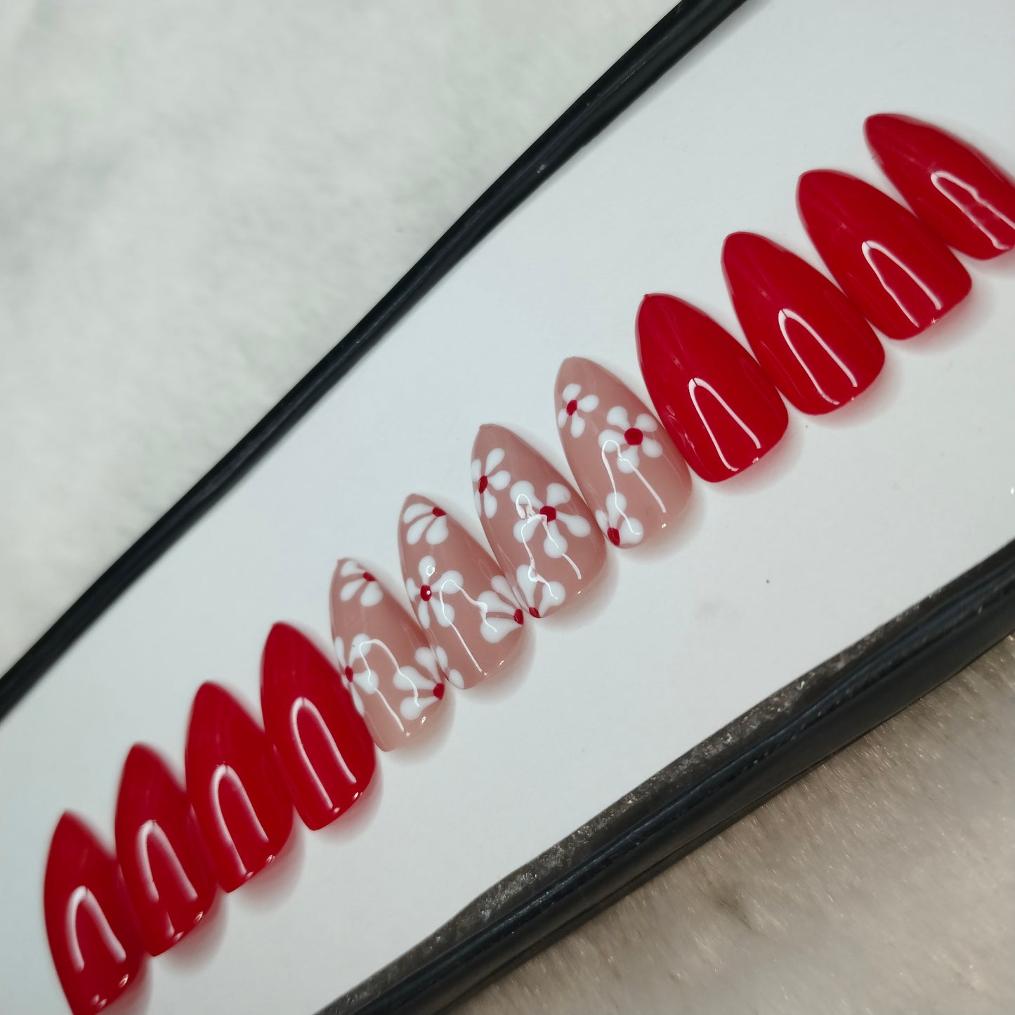 The NailzStation Glossy Red Floral Press on Fake Artificial Nails Set with glue, filer, sticker application kit // 1231