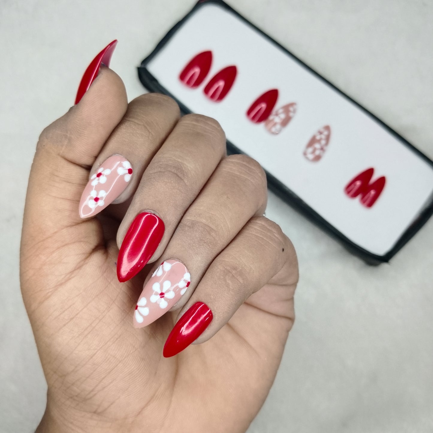 The NailzStation Glossy Red Floral Press on Fake Artificial Nails Set with glue, filer, sticker application kit // 1231