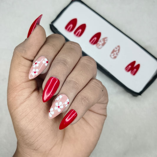 The NailzStation Glossy Red Floral Press on Fake Artificial Nails Set with glue, filer, sticker application kit // 1231