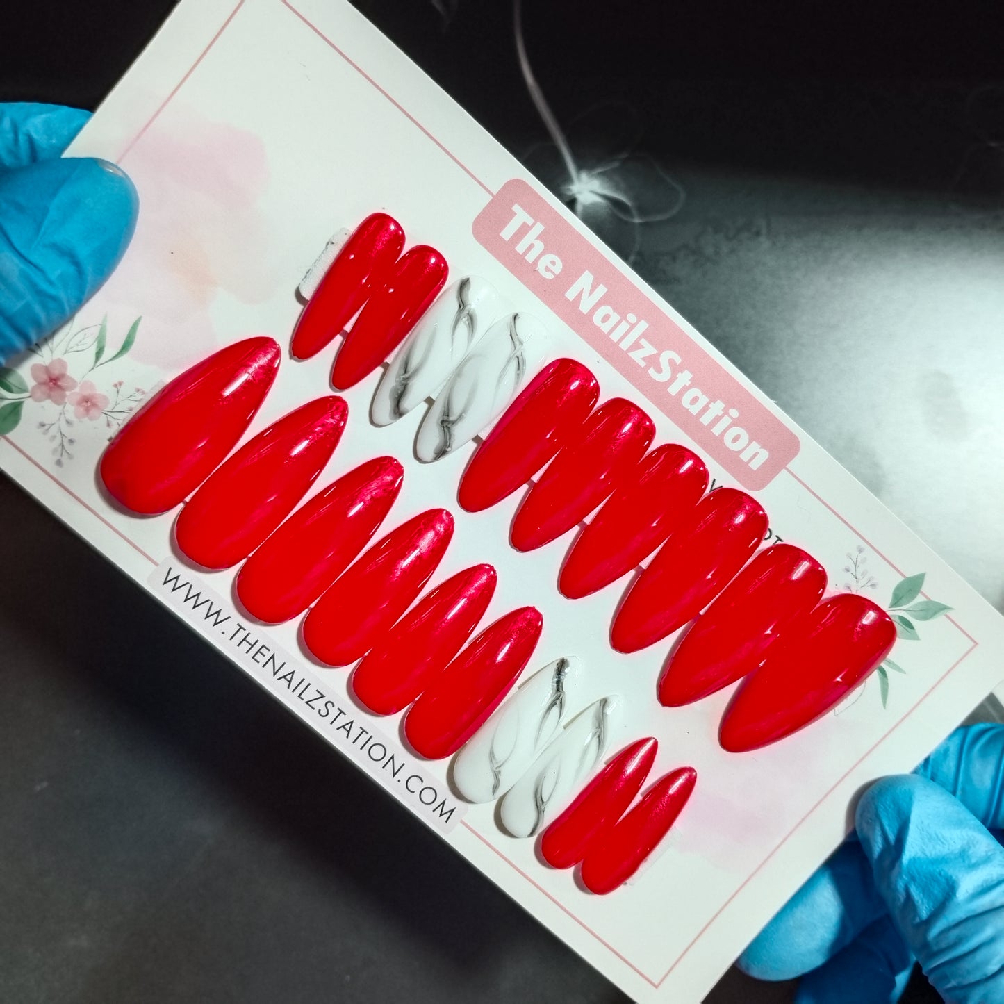 The NailzStation Glossy Red Marble Press on Fake Artificial Nails Set with glue, filer, sticker application kit // 1246