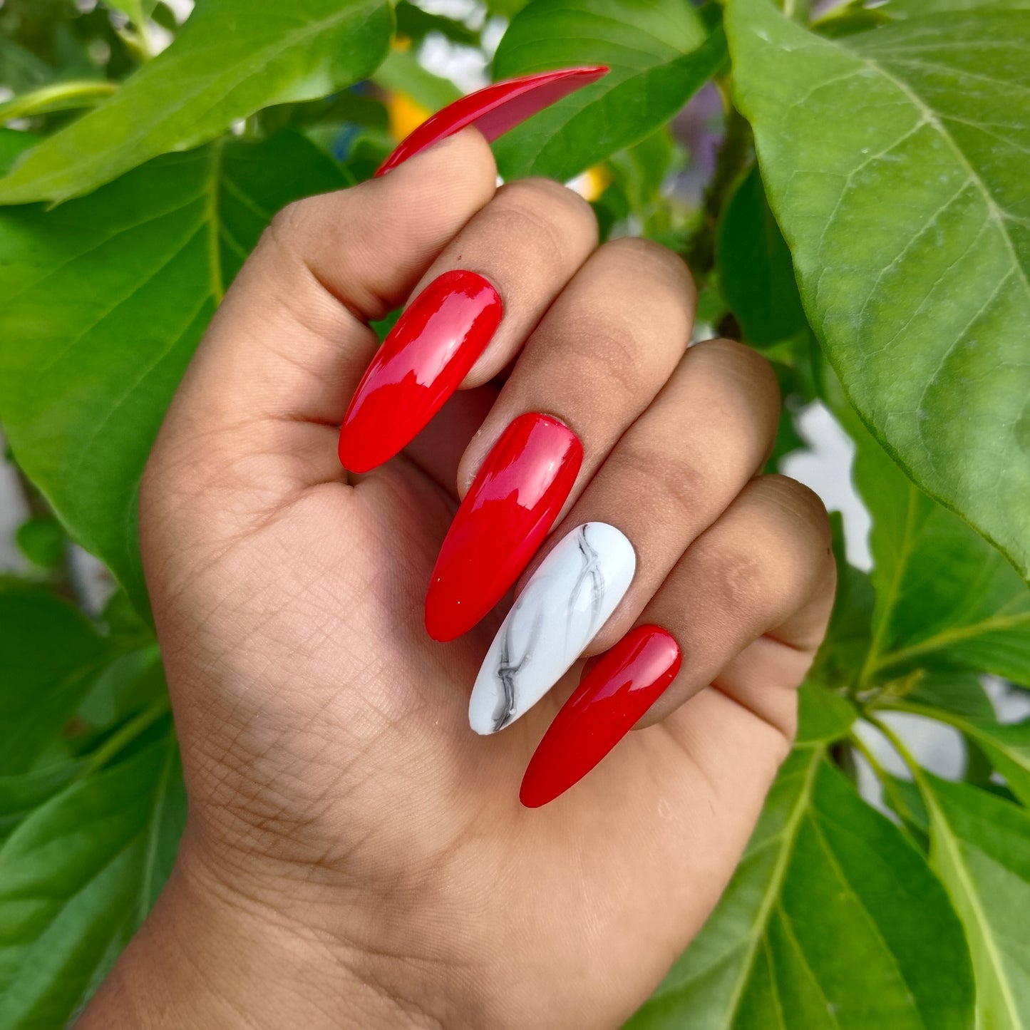 The NailzStation Glossy Red Marble Press on Fake Artificial Nails Set with glue, filer, sticker application kit // 1246