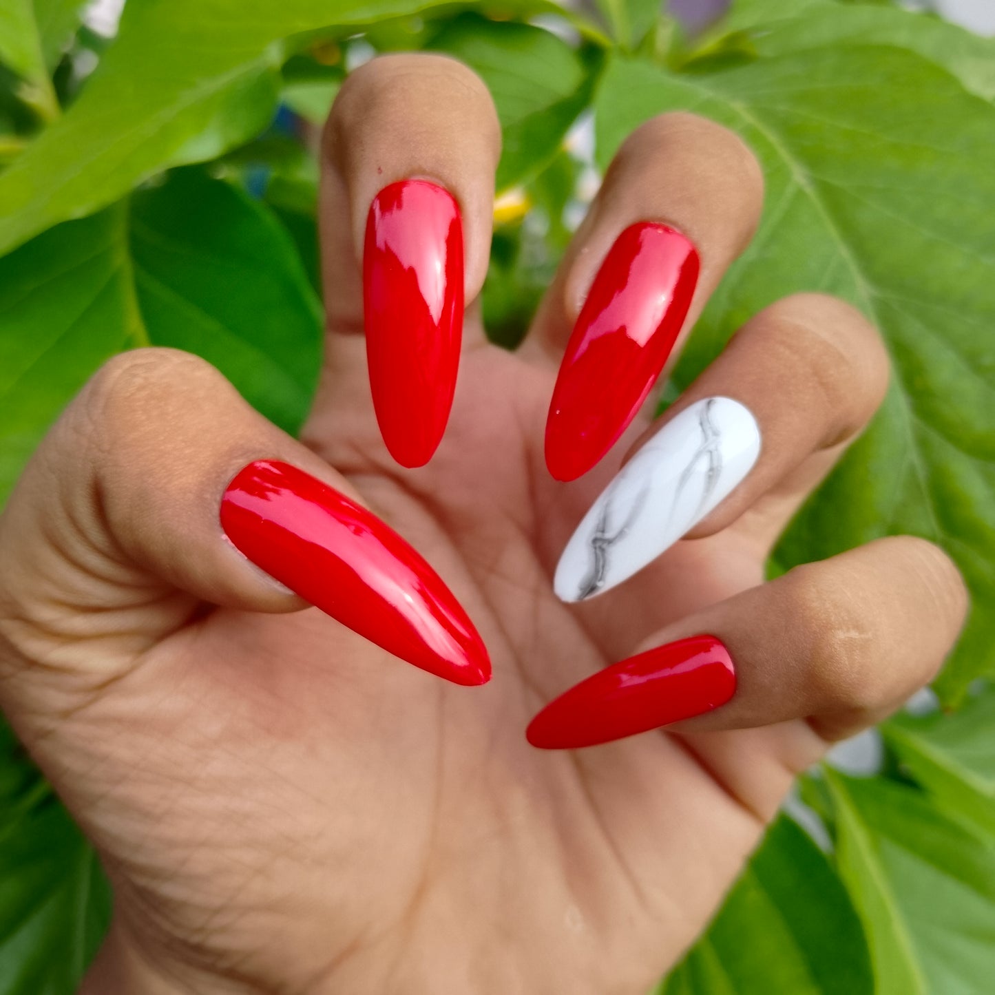 The NailzStation Glossy Red Marble Press on Fake Artificial Nails Set with glue, filer, sticker application kit // 1246