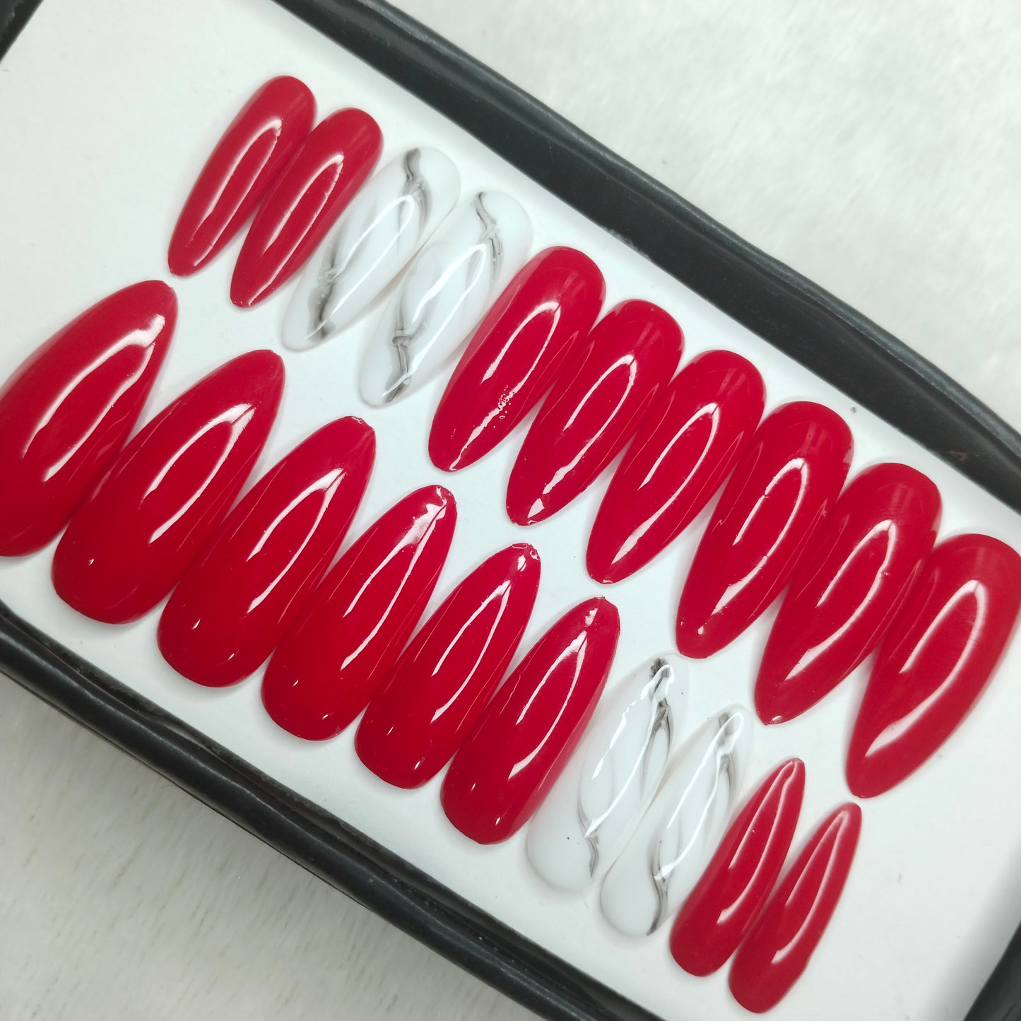 The NailzStation Glossy Red Marble Press on Fake Artificial Nails Set with glue, filer, sticker application kit // 1246