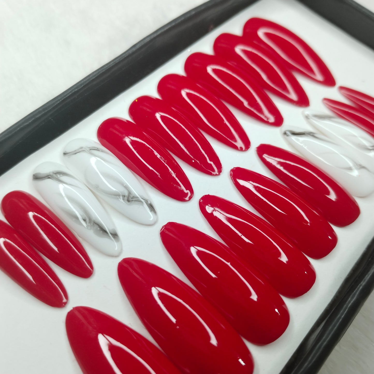 The NailzStation Glossy Red Marble Press on Fake Artificial Nails Set with glue, filer, sticker application kit // 1246