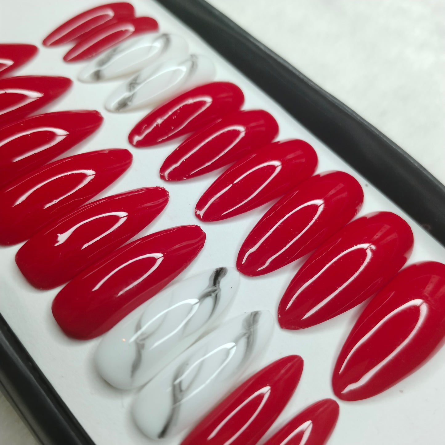 The NailzStation Glossy Red Marble Press on Fake Artificial Nails Set with glue, filer, sticker application kit // 1246