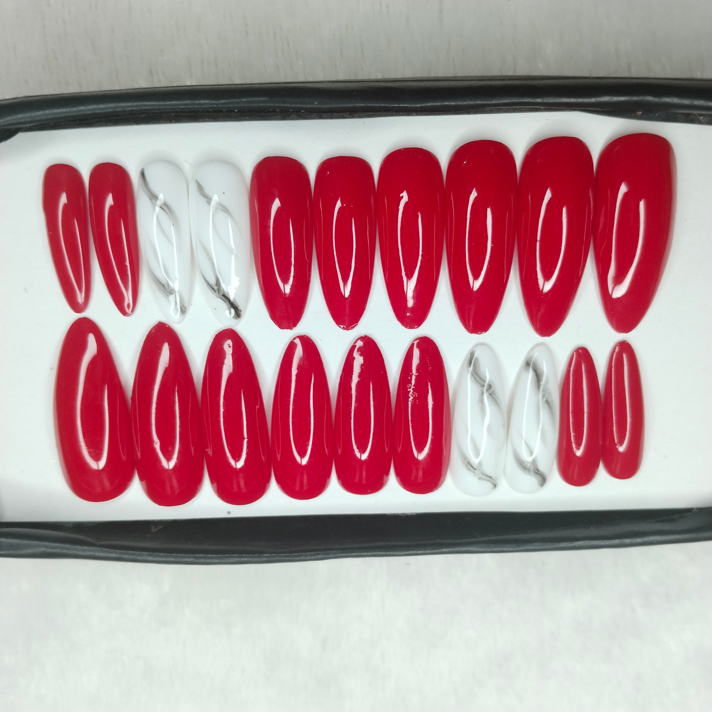 The NailzStation Glossy Red Marble Press on Fake Artificial Nails Set with glue, filer, sticker application kit // 1246