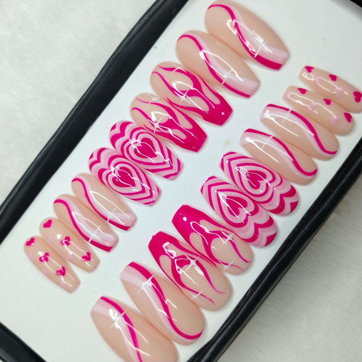 The NailzStation Glossy Pink Valentine Press on Fake Artificial Nails Set with glue, filer, sticker application kit // 1243