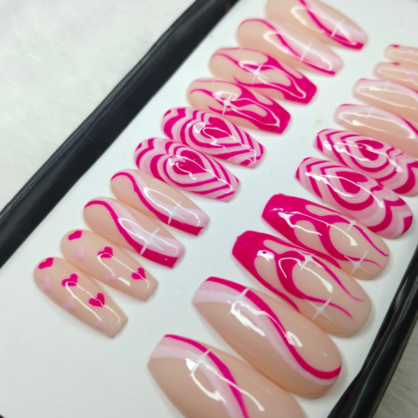 The NailzStation Glossy Pink Valentine Press on Fake Artificial Nails Set with glue, filer, sticker application kit // 1243