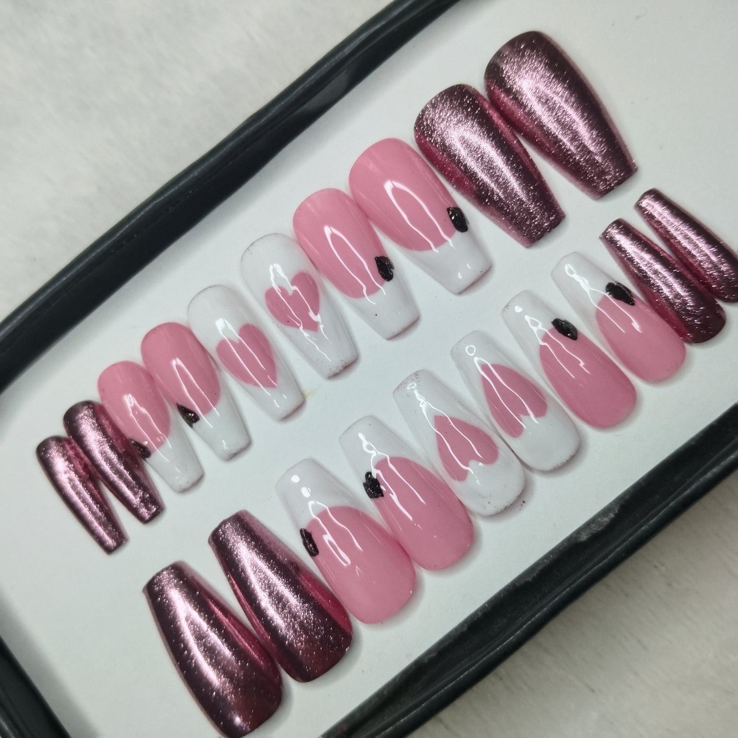 The NailzStation Glossy Chrome Hearts Press on Fake Artificial Nails Set with glue, filer, sticker application kit // 1245