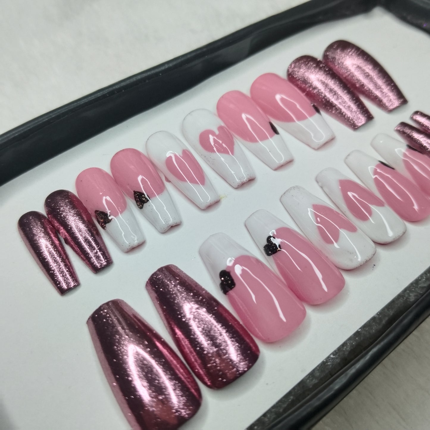 The NailzStation Glossy Chrome Hearts Press on Fake Artificial Nails Set with glue, filer, sticker application kit // 1245