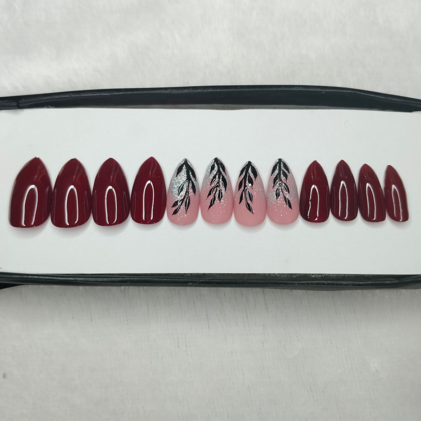 The NailzStation Glossy Maroon Leaves Press on Fake Artificial Nails Set with glue, filer, sticker application kit // 1244